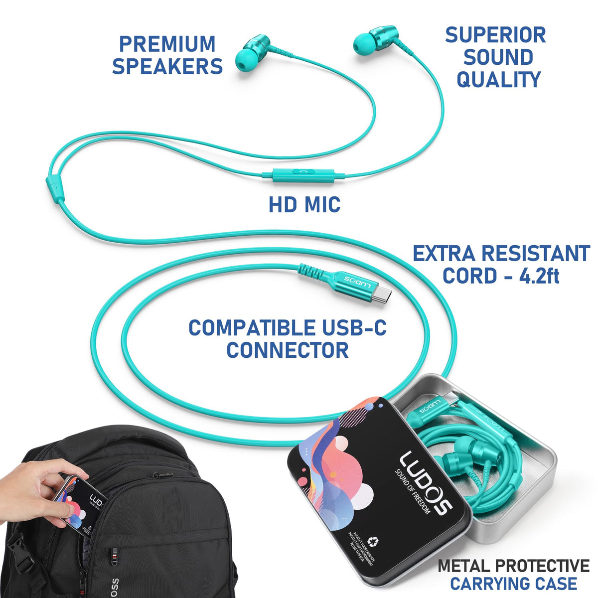 LUDOS OMNITONE USB-C headphones provide noise isolation for focused listening in public.