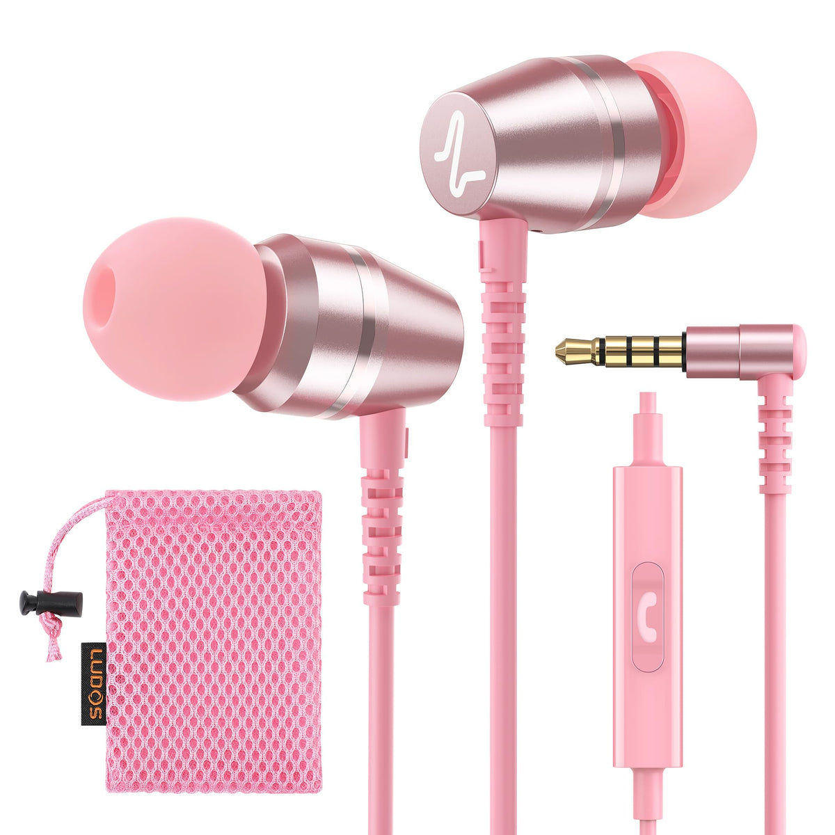 LUDOS OMNITONE pink wired earbuds case-shot highlighting audio clarity