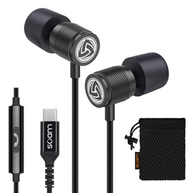 LUDOS front view of USB‑C earbuds showing sleek housings and magnetic backs