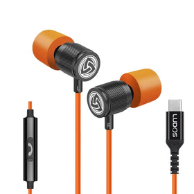 LUDOS earbud front view showing sleek housing and magnetic clasp for tidy storage