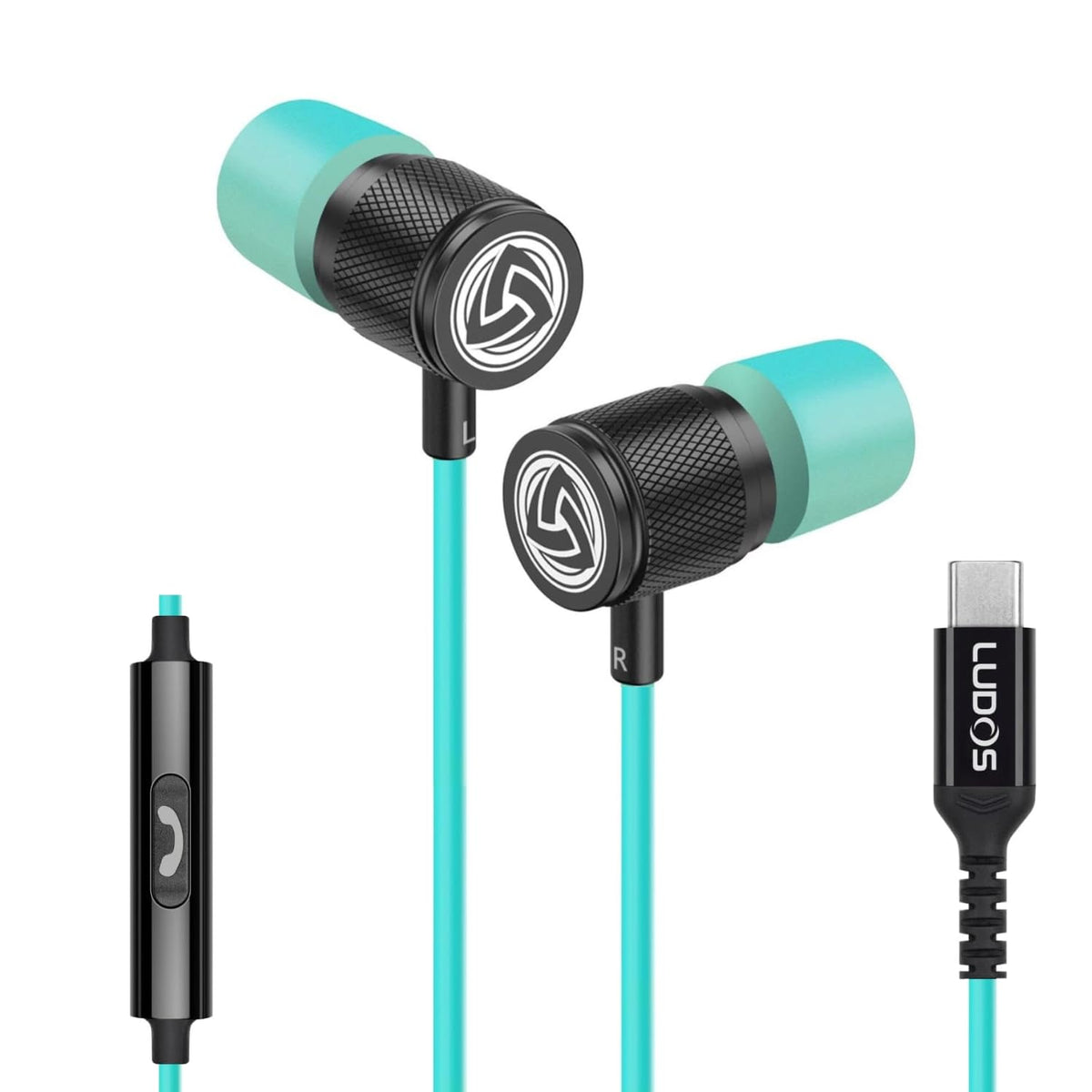 LUDOS front view of USB‑C earbuds showing sleek design and port fit