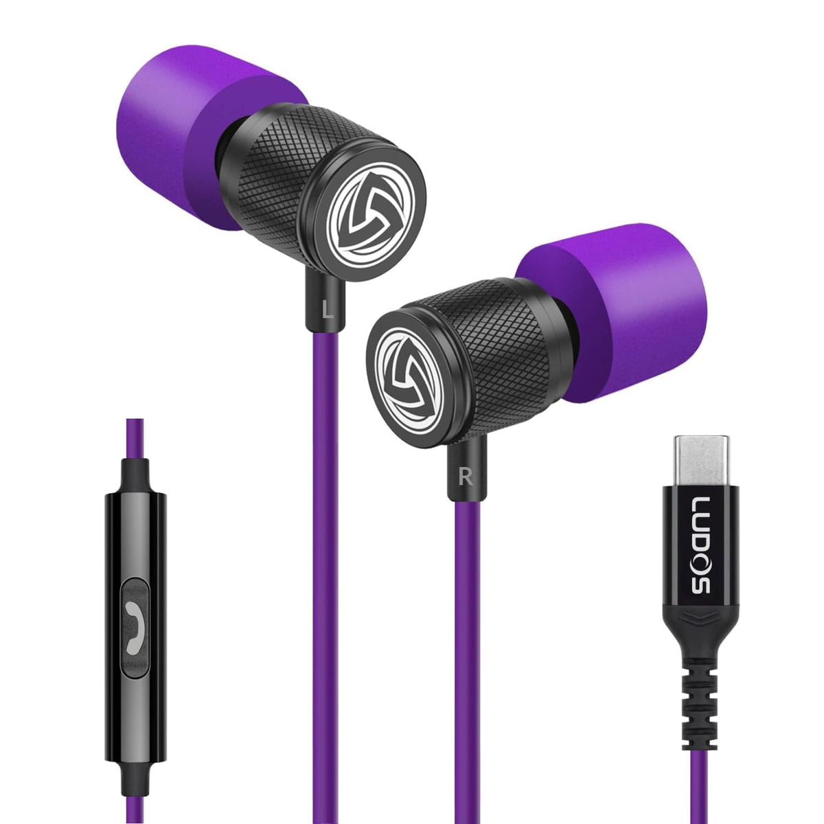 LUDOS Ultra front view showing earbuds and USB‑C plug for reliable connection