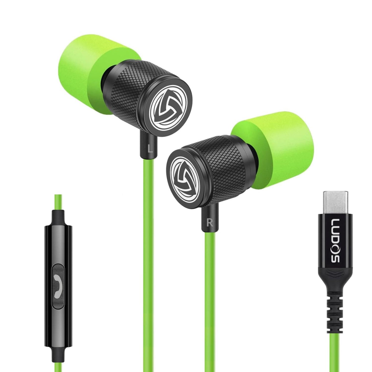 LUDOS front view of earbuds showing sleek Type-C connector and earbuds for reliable audio