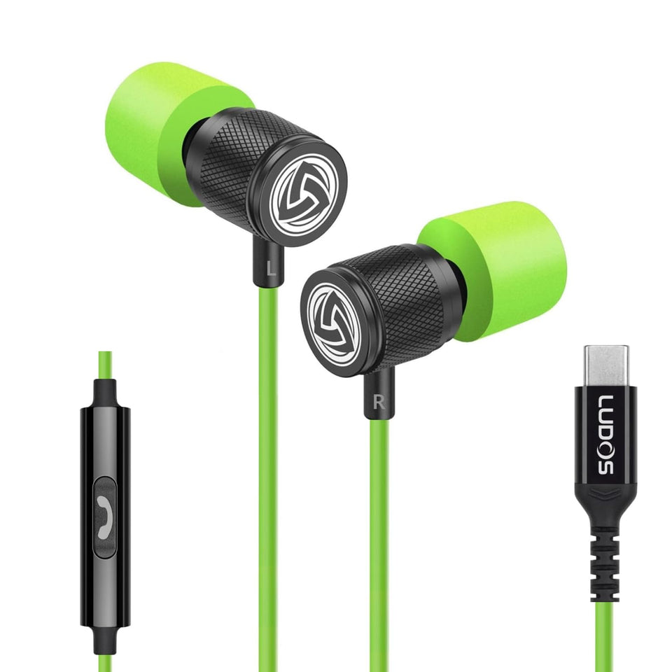 LUDOS front view of earbuds showing sleek Type-C connector and earbuds for reliable audio