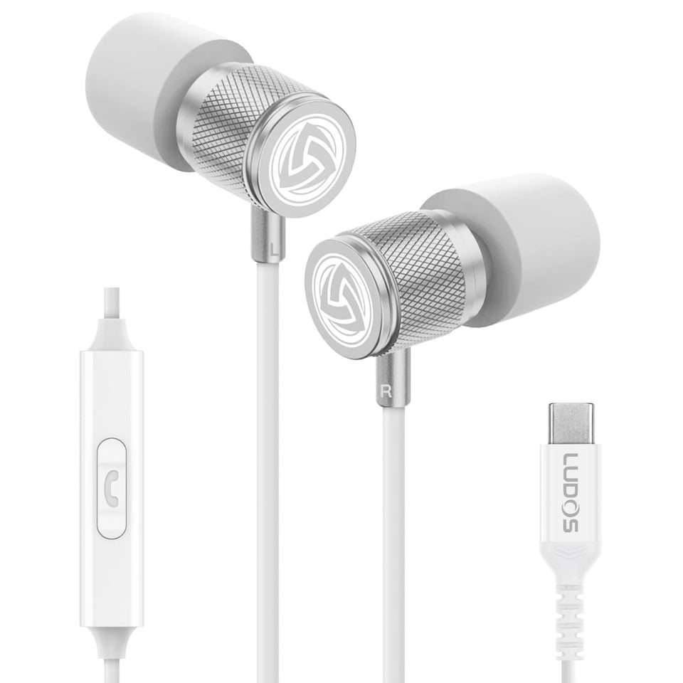 LUDOS ultra front view showing earbuds and USB-C plug for clear connectivity