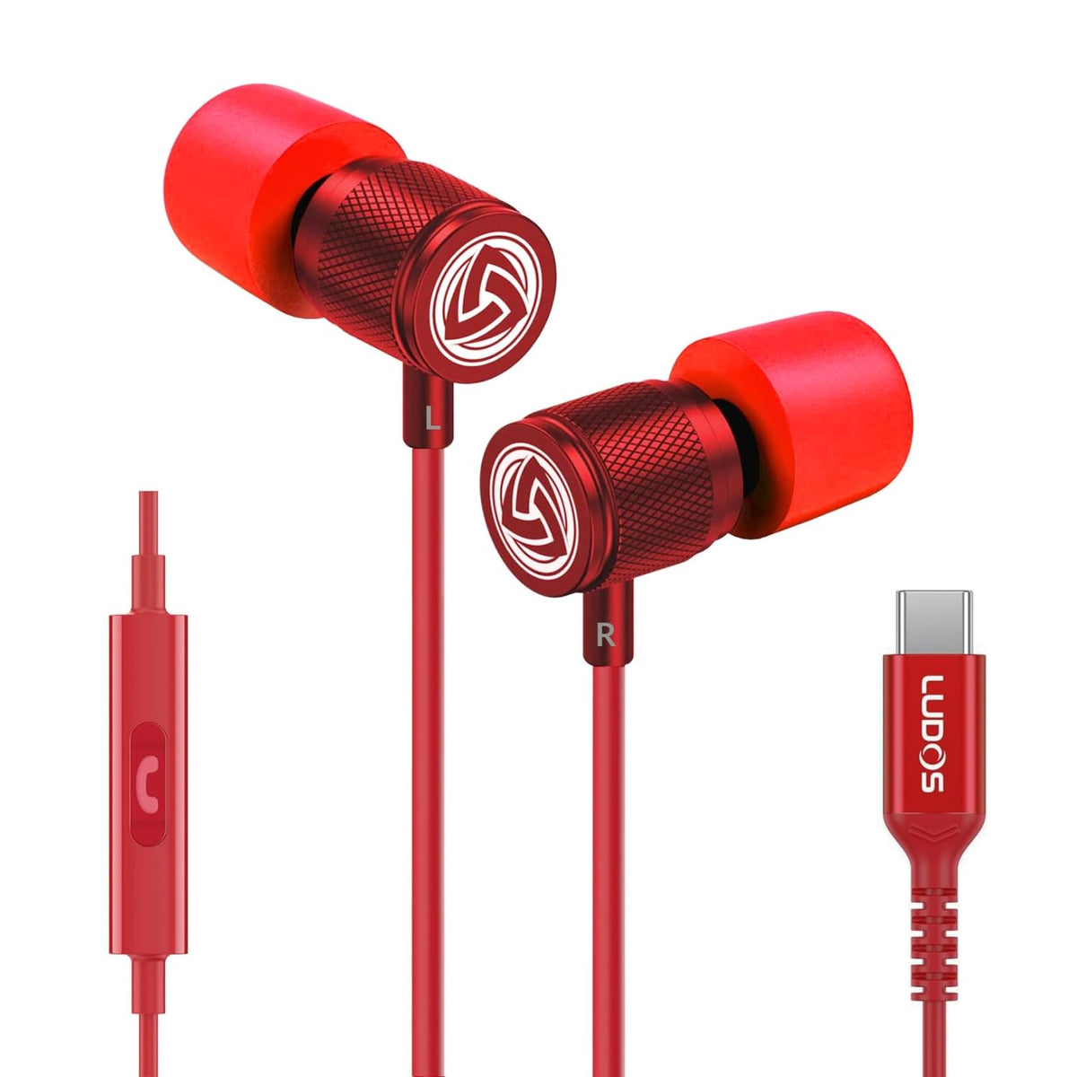 LUDOS Ultra front view showing earbuds and USB‑C plug, clear product identification and durability