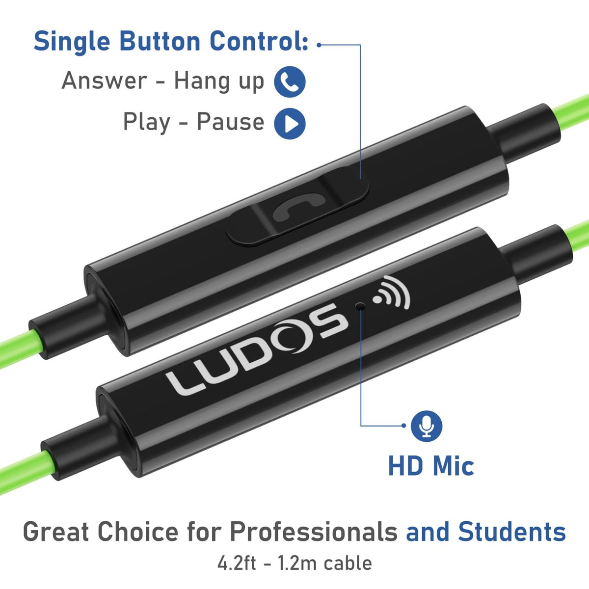 LUDOS detail of inline microphone and control for clear calls and playback control