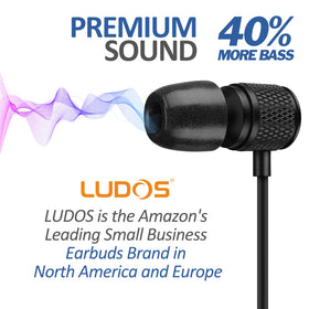 LUDOS earbuds beside smartphone showing compact size and easy portability
