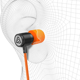 LUDOS earbuds beside smartphone illustrating cable length and portable scale advantage