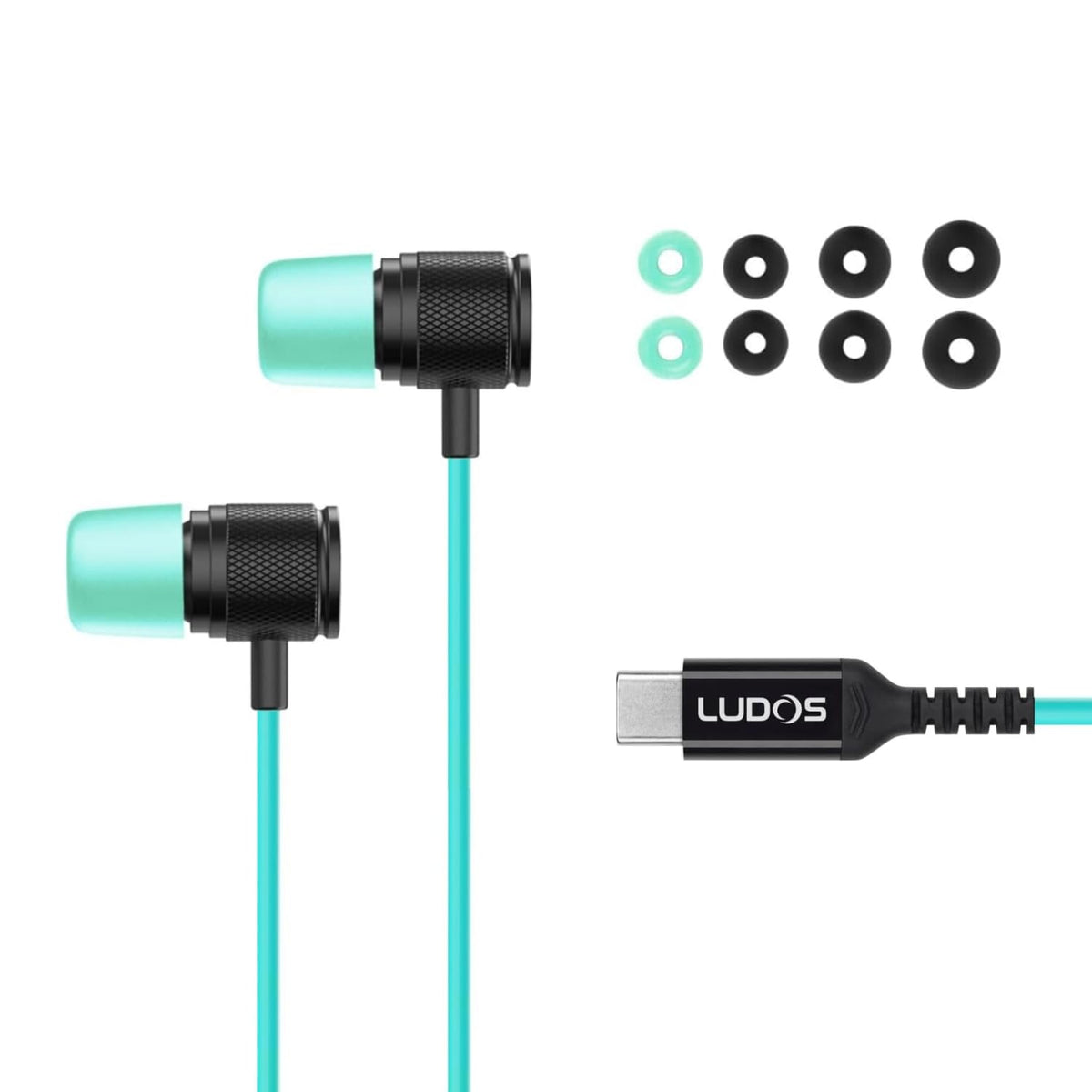 LUDOS earbuds held in hand to show compact scale and portability