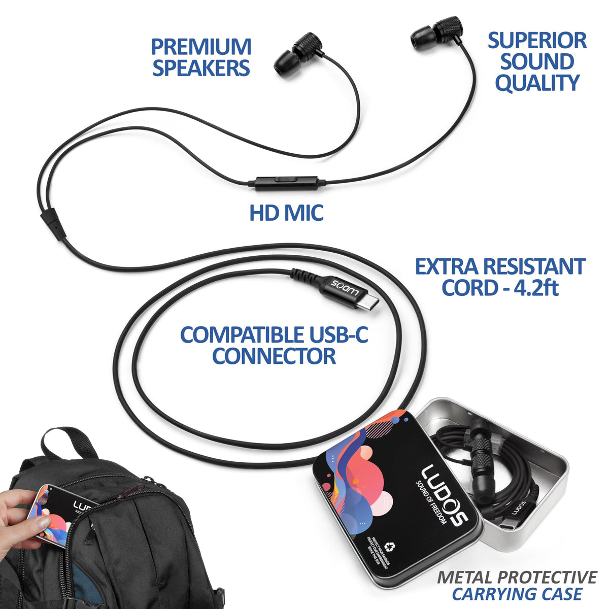 LUDOS detailed USB‑C connector image highlighting a reinforced, durable plug