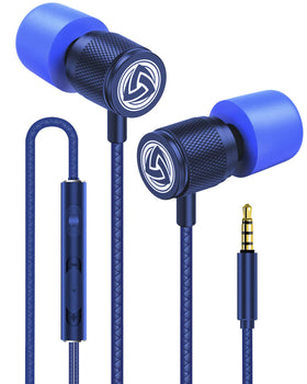 LUDOS Ultra wired earbuds blue front view showing comfortable fit for daily listening.