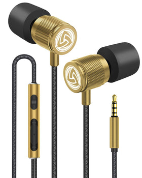 LUDOS Ultra Wired Earbuds gold case view with carrying bag for transport
