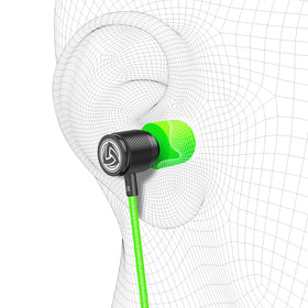 LUDOS green packaging of the Ultra wired earbuds with drawstring bag.