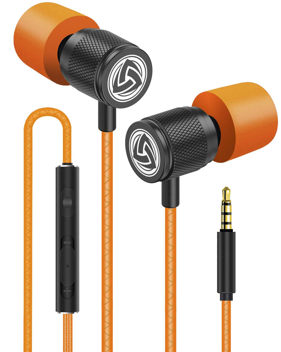 LUDOS Ultra Wired Earbuds orange with compact design for portable listening.