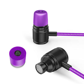 LUDOS Ultra wired earbuds purple pack includes a drawstring bag for storage.