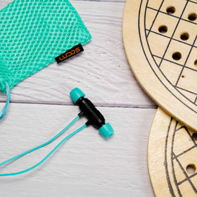 LUDOS Ultra wired earbuds turquoise angled earpiece showing ergonomic design