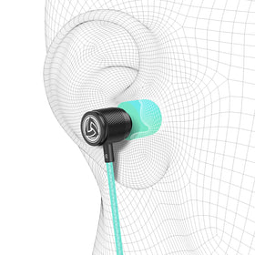 LUDOS Ultra wired earbuds turquoise wearer demonstrating secure fit