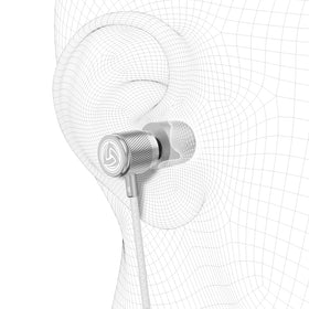 LUDOS Ultra Wired Earbuds white close-up on sleek form for daily commuting.