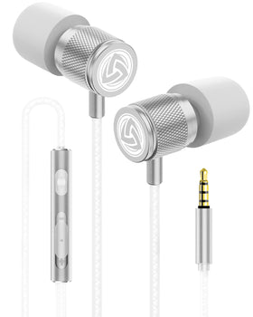 LUDOS Ultra Wired Earbuds close-up in white showing compact design for on-the-go listening.