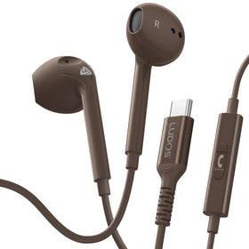 LUDOS Zenith brown earbuds front view for stylish daily listening with USB-C comfort.