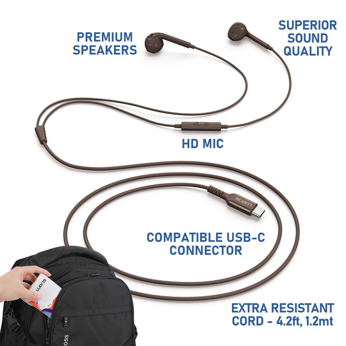 LUDOS Zenith brown earbuds in case shows portability and quick recharging.