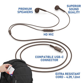 LUDOS Zenith brown earbuds in case shows portability and quick recharging.