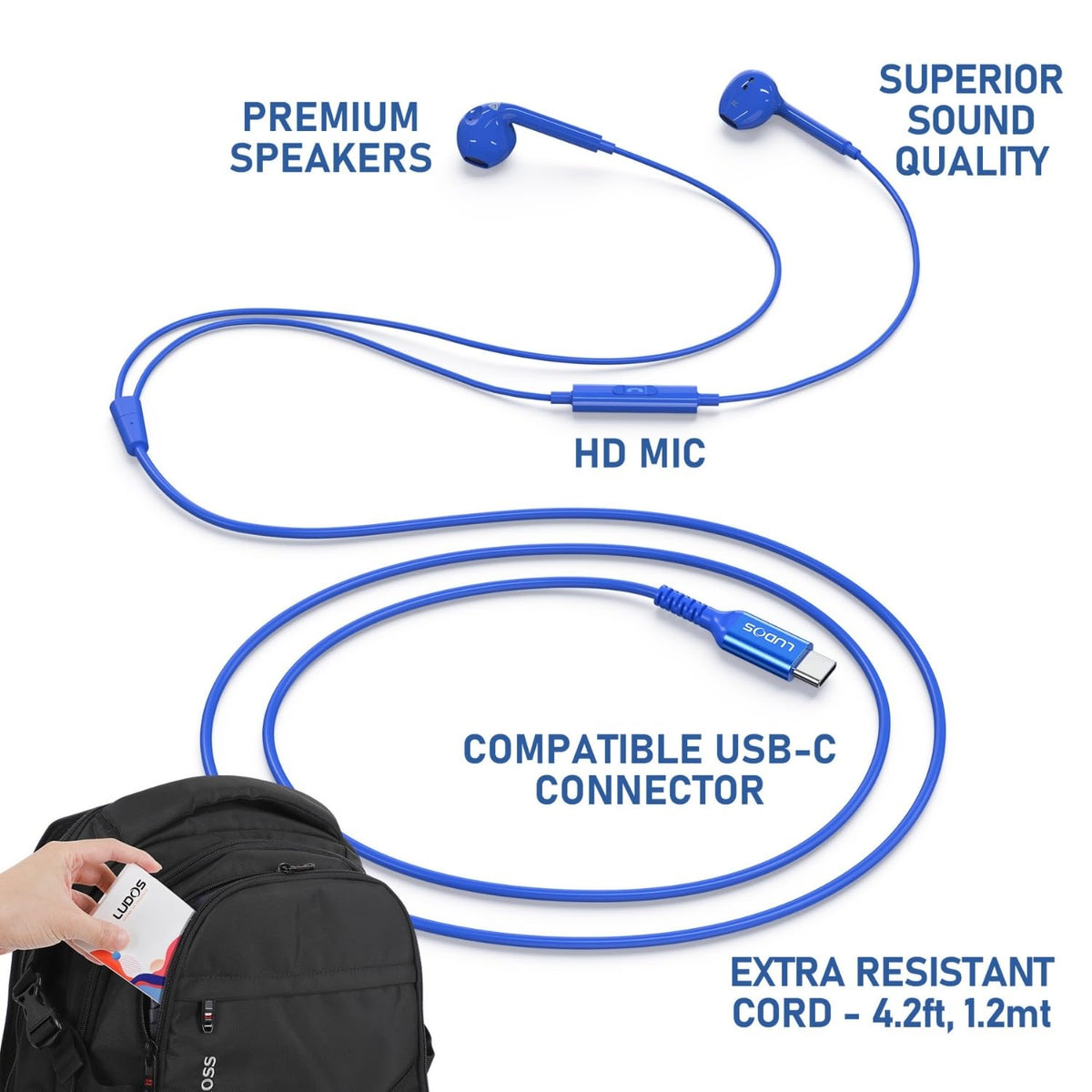 LUDOS Zenith USB-C connector shown for plug-and-play with modern devices.