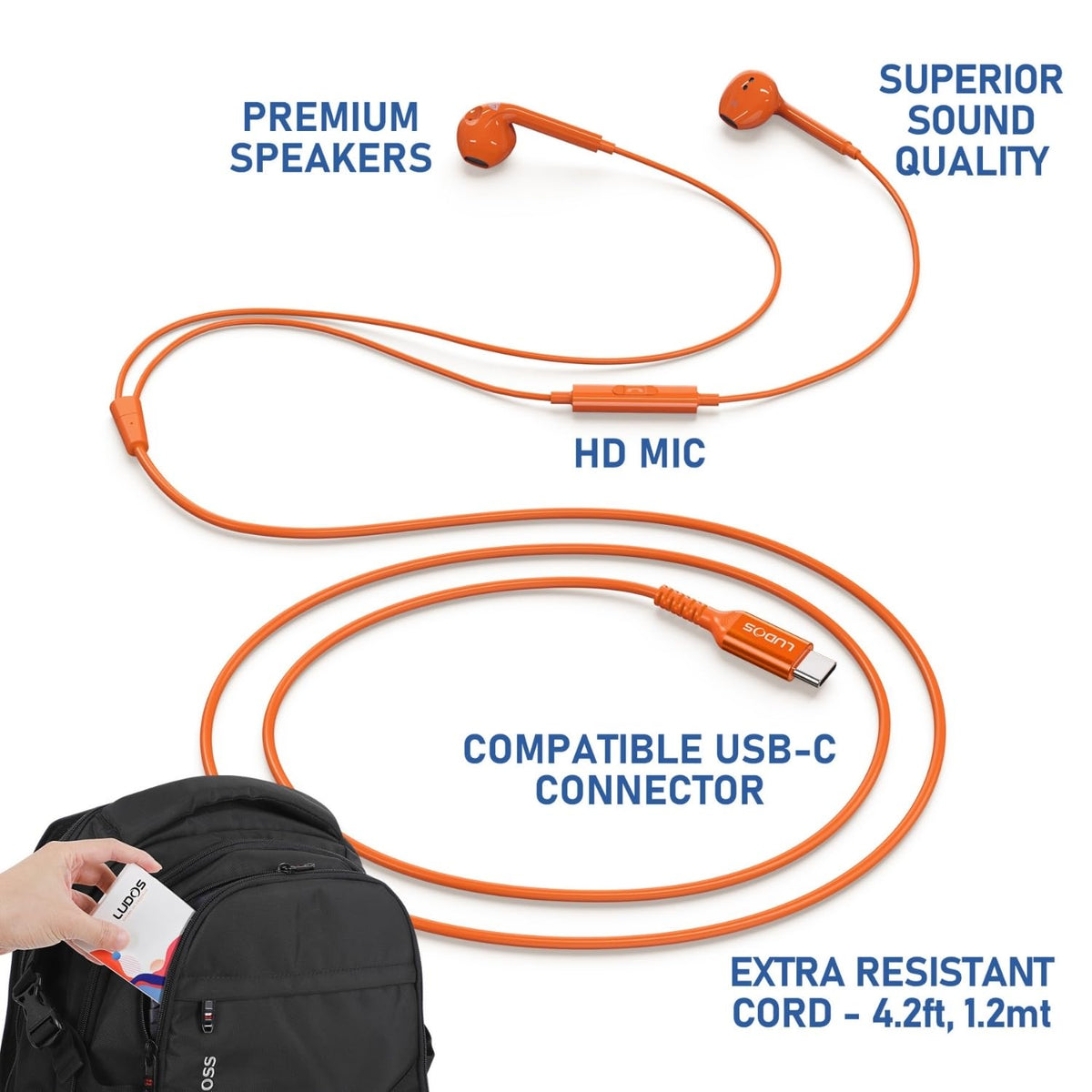 LUDOS Zenith USB-C headphones orange earbuds close-up highlight build quality and sound.