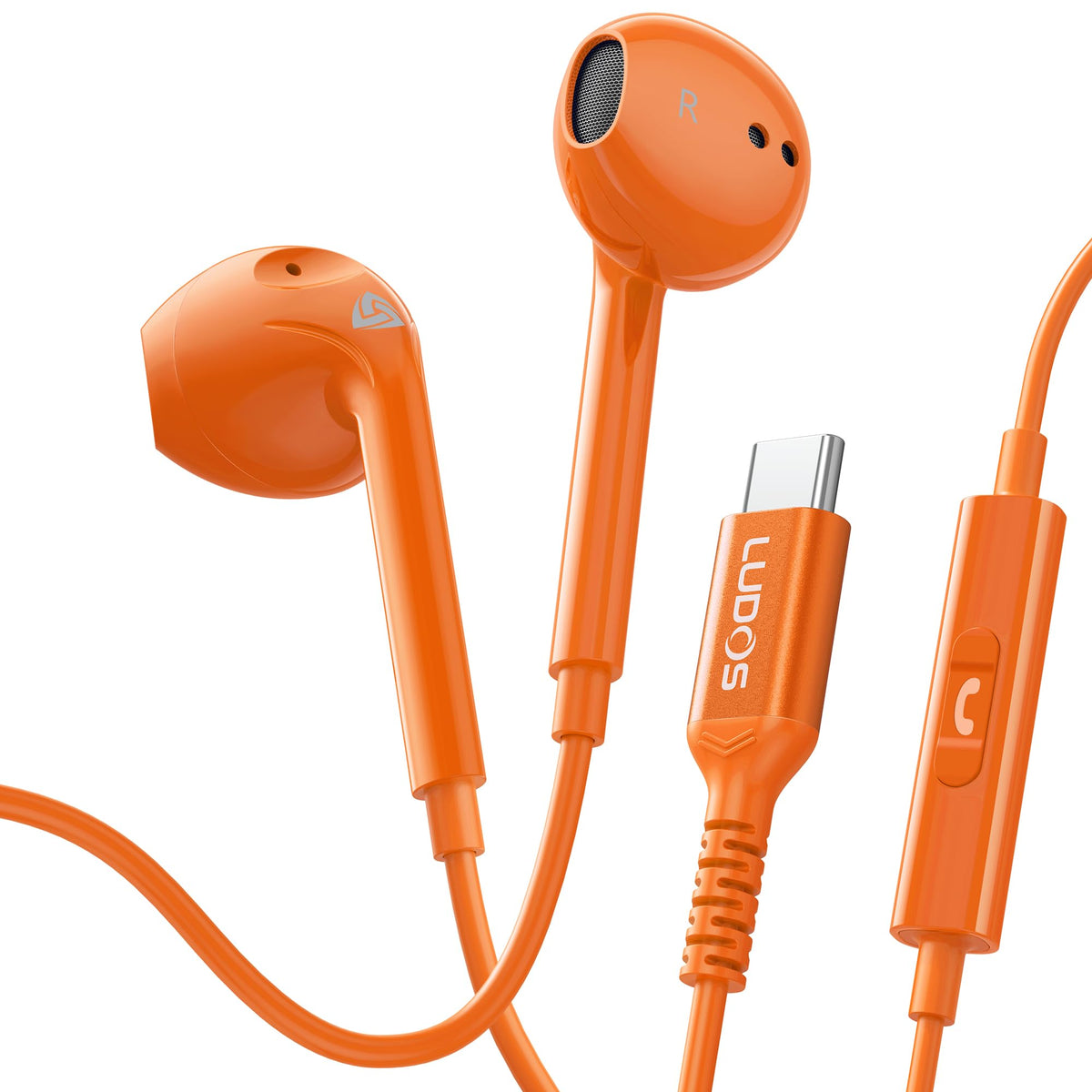 LUDOS Zenith USB-C headphones orange in-use deliver crisp audio for calls.