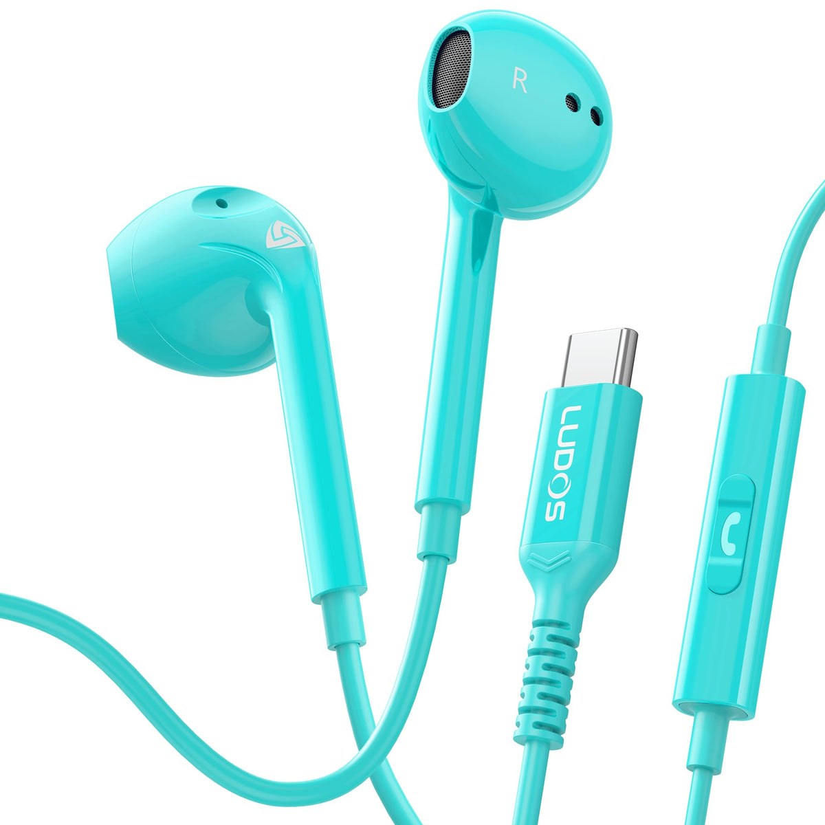 LUDOS Zenith USB-C Headphones turquoise angled view for immersive listening.