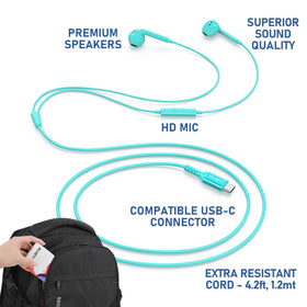 Close-up of LUDOS Zenith USB-C Headphones turquoise earpiece for precise sound.
