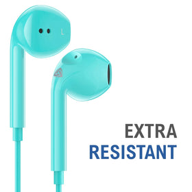 LUDOS Zenith USB-C Headphones turquoise worn with iPhone for clear calls.