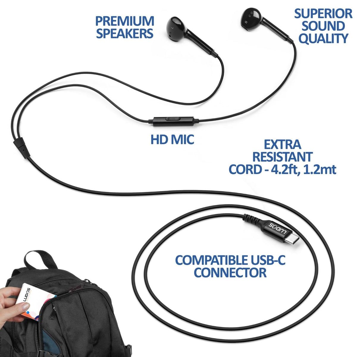 LUDOS Zenith USB-C wired connection provides reliable audio performance.