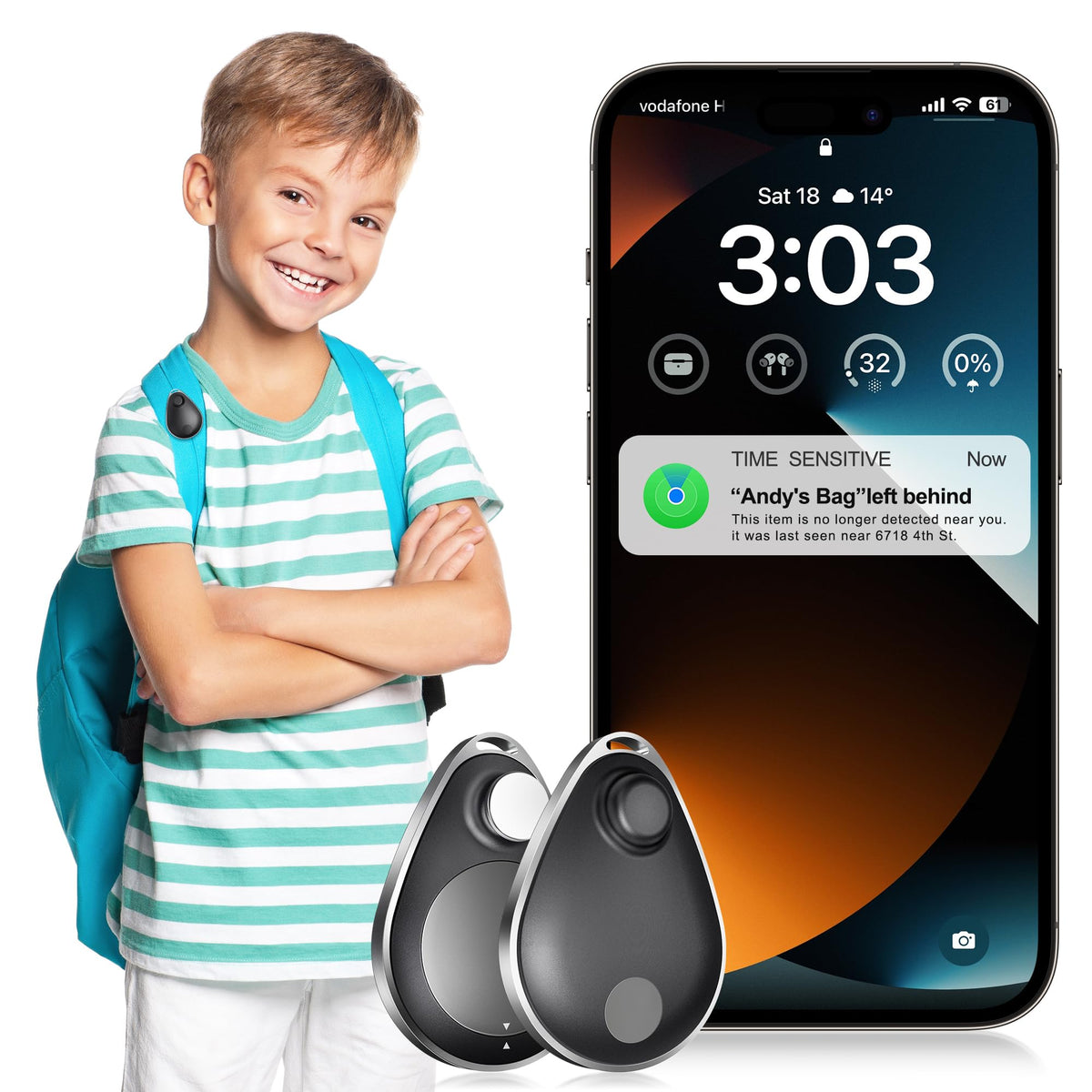lulaven UTag 2-pack hidden, attached to a backpack for discreet safety.