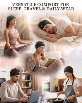 Person practicing yoga wearing Lullaband for calming guided audio support