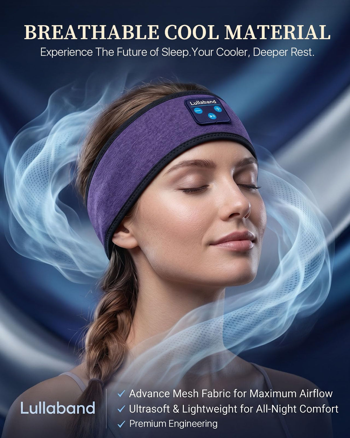 Lullaband worn by side sleeper demonstrating comfortable, non-pressing audio