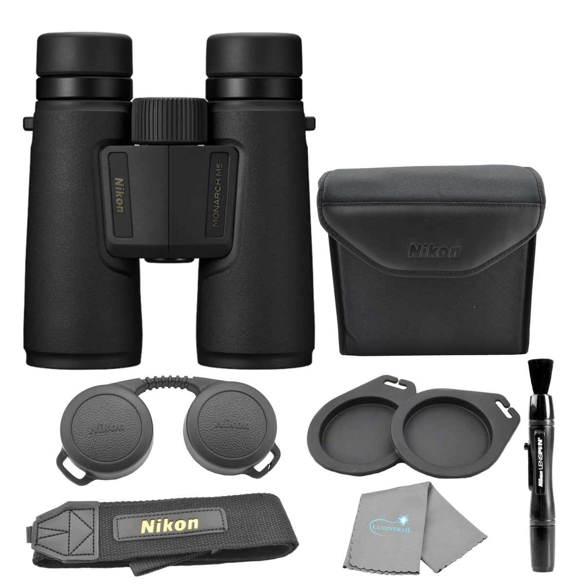 Lumintrail Nikon Monarch M5 8x42 binoculars angled view for clear wildlife observation.