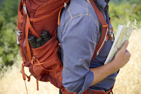 Lumintrail Nikon Monarch M7 8x42 neck strap attached for comfortable trekking.
