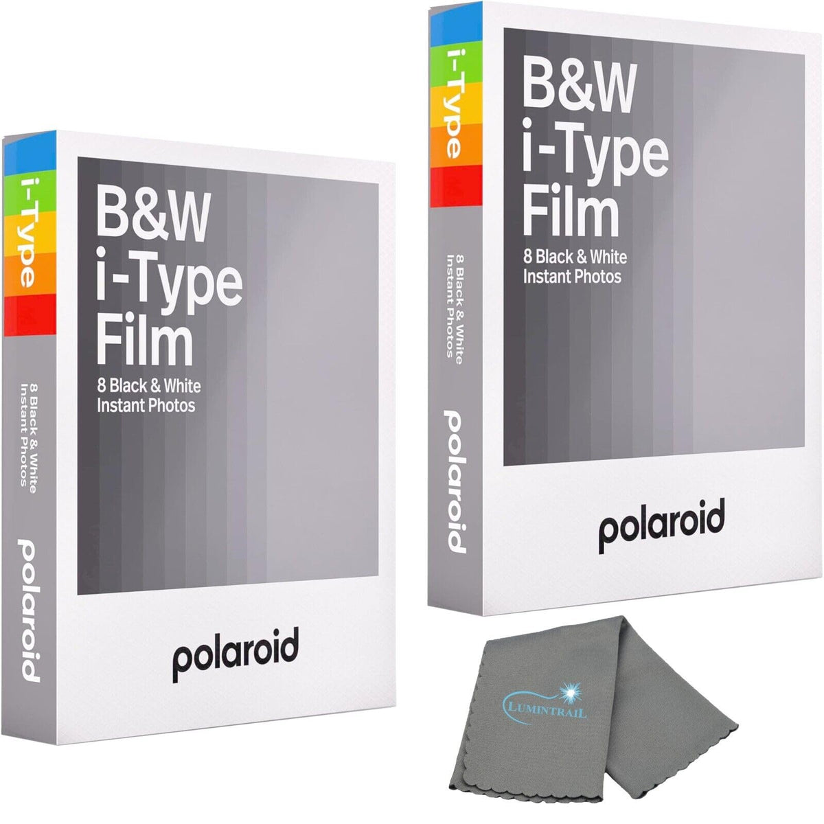 Lumintrail Polaroids pack front view showing two black and white film cartridges, clear product ID benefit