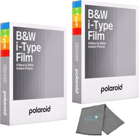 Lumintrail Polaroids pack front view showing two black and white film cartridges, clear product ID benefit