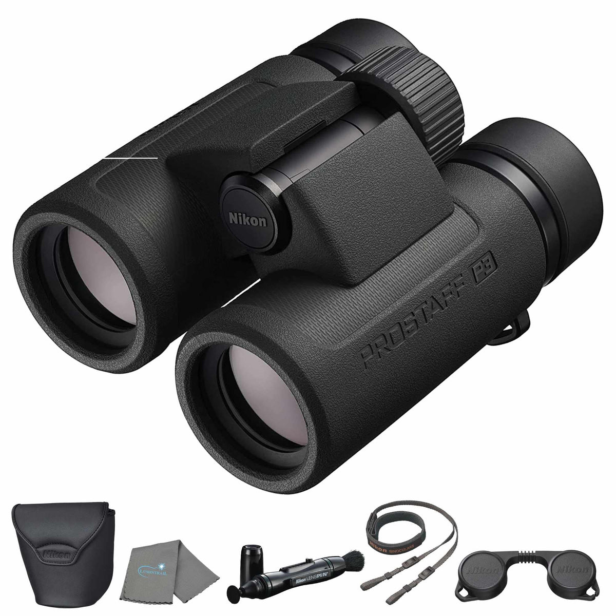 Lumintrail Prostaff P3 binoculars front view with crisp 10x detail