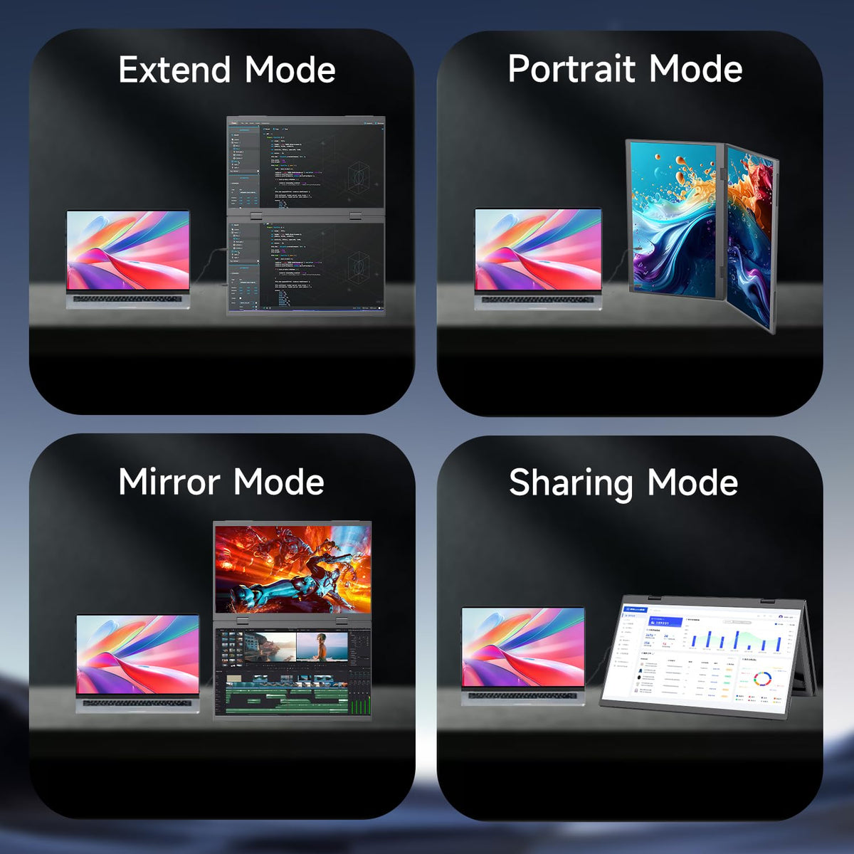 LUMIPIX portable monitor dual-screens setup enables extended workspace and multitasking