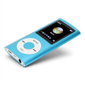 Luqeeg MP3 Player blue front view, compact on-the-go music companion