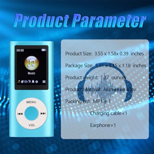 Luqeeg MP3 Player blue metal body closeup, premium durability and style