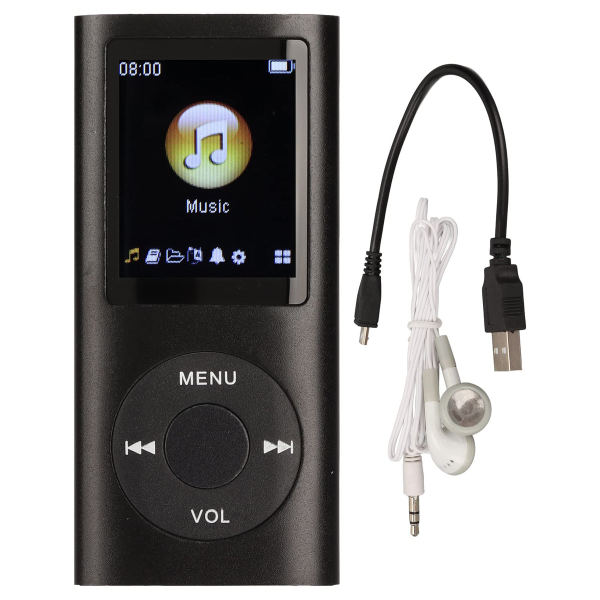 Luqeeg MP3 Player front view showing compact, travel-friendly design for on-the-go listening