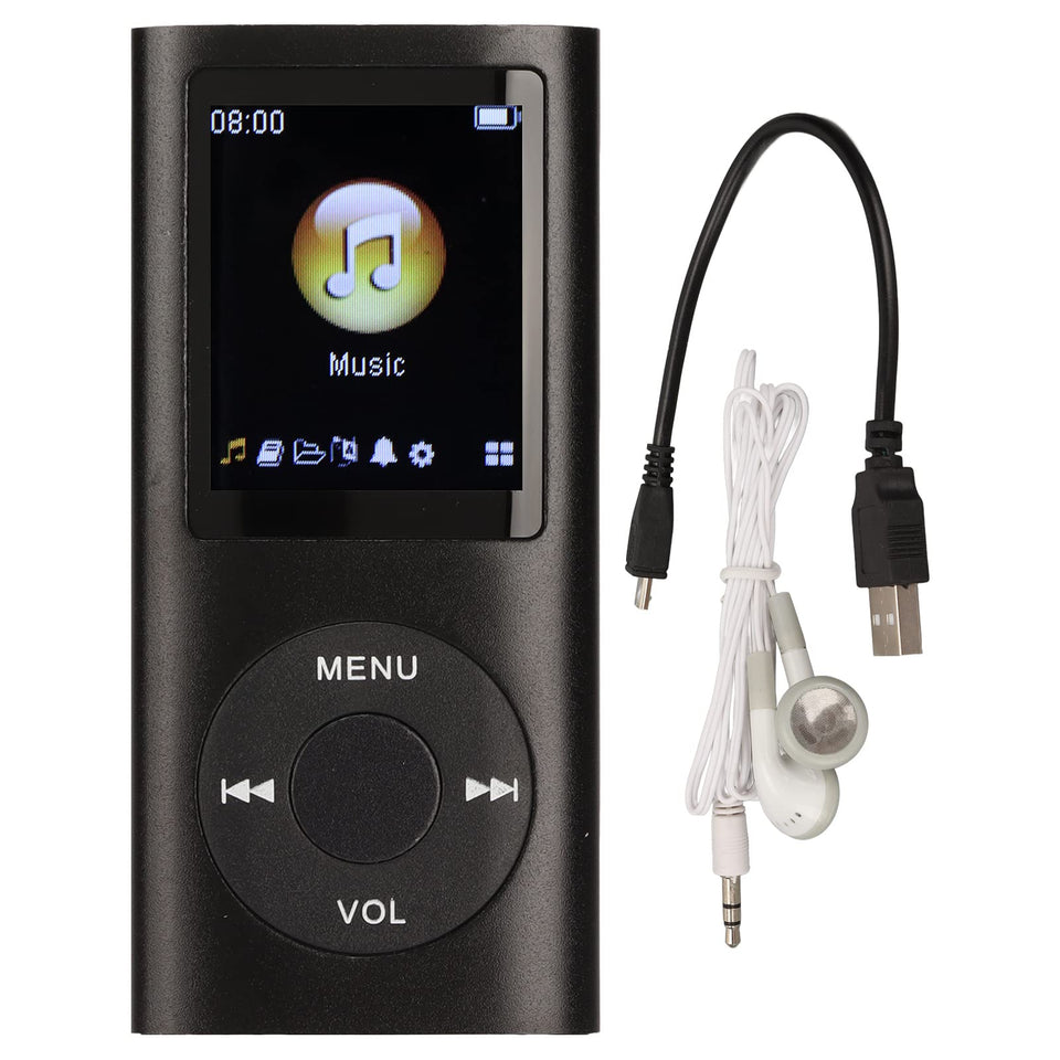 Luqeeg MP3 Player front view showing compact, travel-friendly design for on-the-go listening