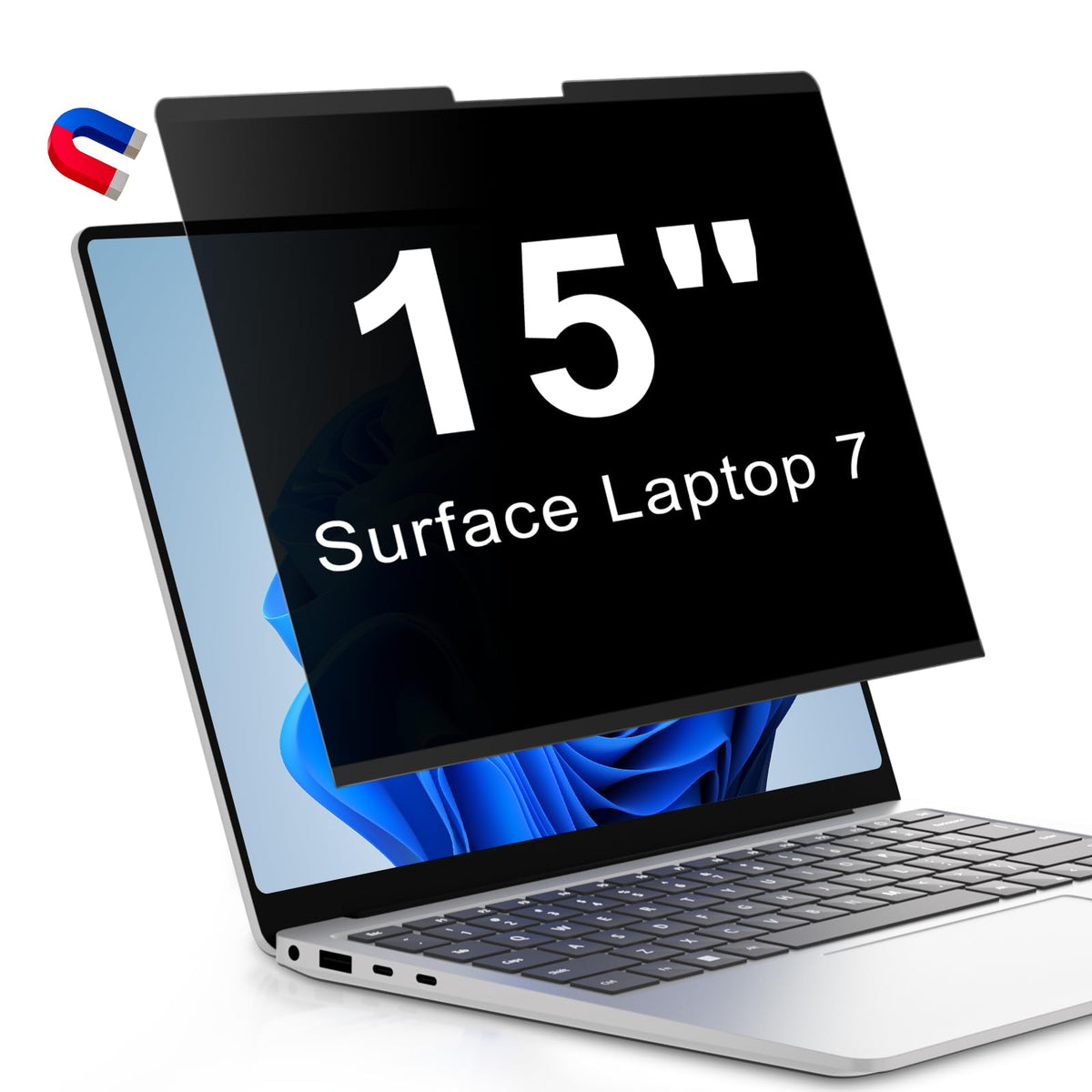 LUSA DESIGN front view of 15-inch privacy screen packaging showing model and fit benefits