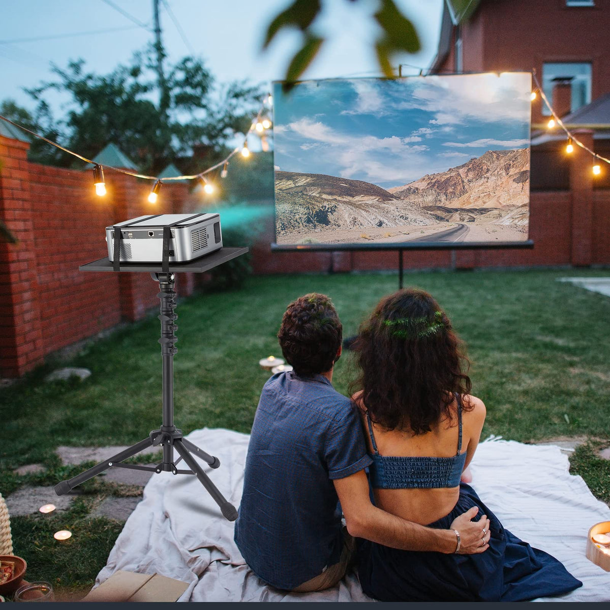 Lusweimi projector mounted on stand in living room showing convenient positioning