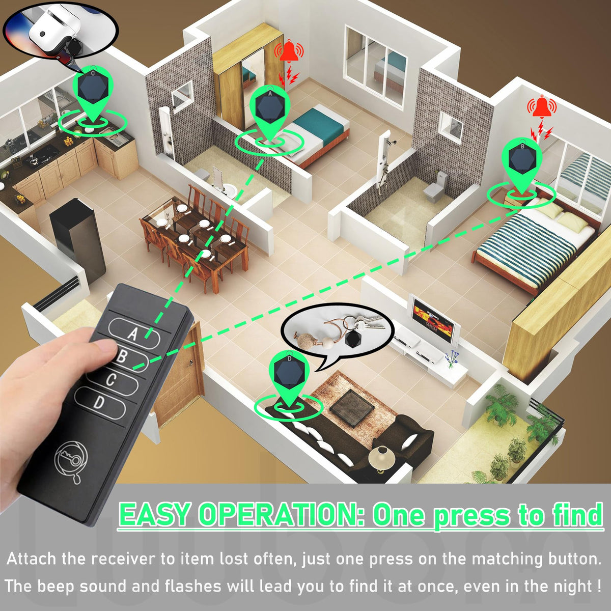 Luubom Key Finder receiver mounted on a keyring for easy access